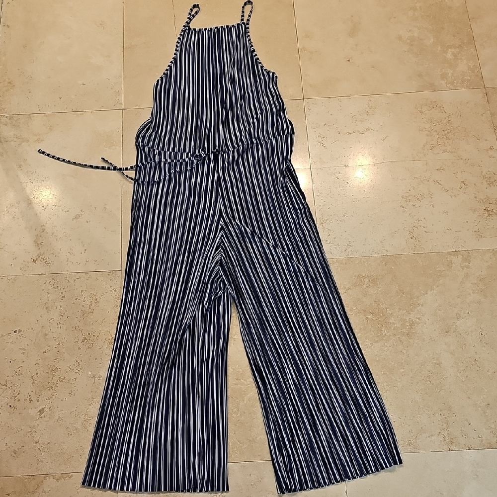 Zara Navy and White Striped Jumpsuit